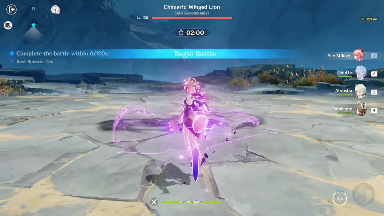 Chimeric Winged Lion arena with the Begin Battle banner before the Elemental Mastery sands run