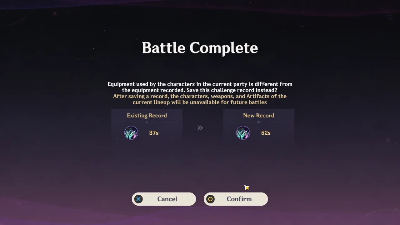 Battle Complete results screen with the Confirm button highlighted to save the challenge record