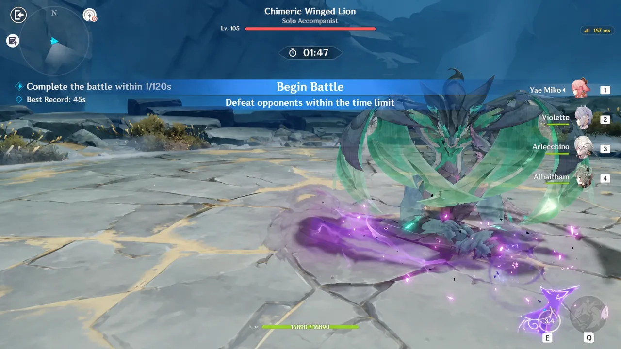 Begin Battle prompt on screen at the start of the timed Chimeric Winged Lion fight