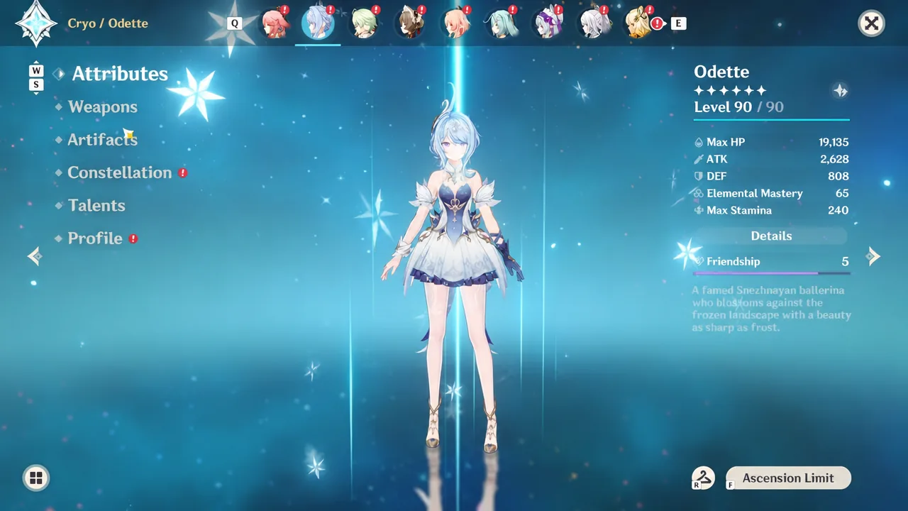 Odette's Attributes tab open in the character screen showing her ATK and CRIT values