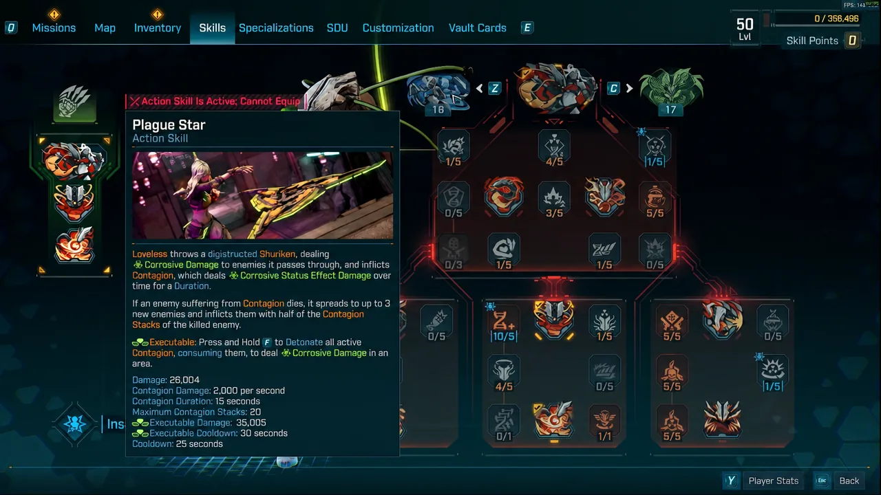 Plague Star tooltip with a warning that an action skill is already equipped