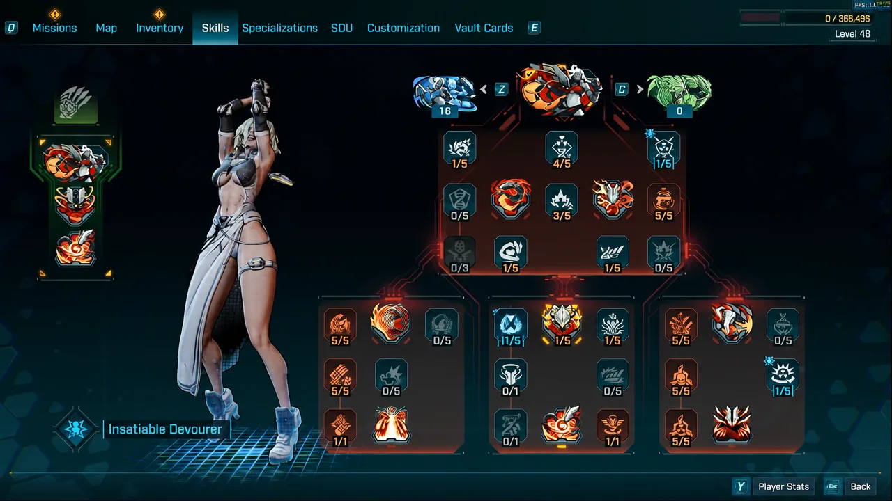 Skills menu showing the Insatiable Devourer class mod and its allocated skill nodes