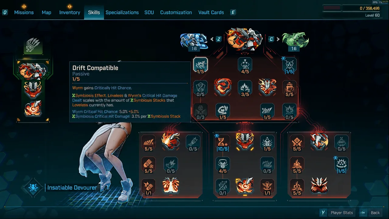 Drift Compatible skill tooltip open on the Skills screen with one point allocated