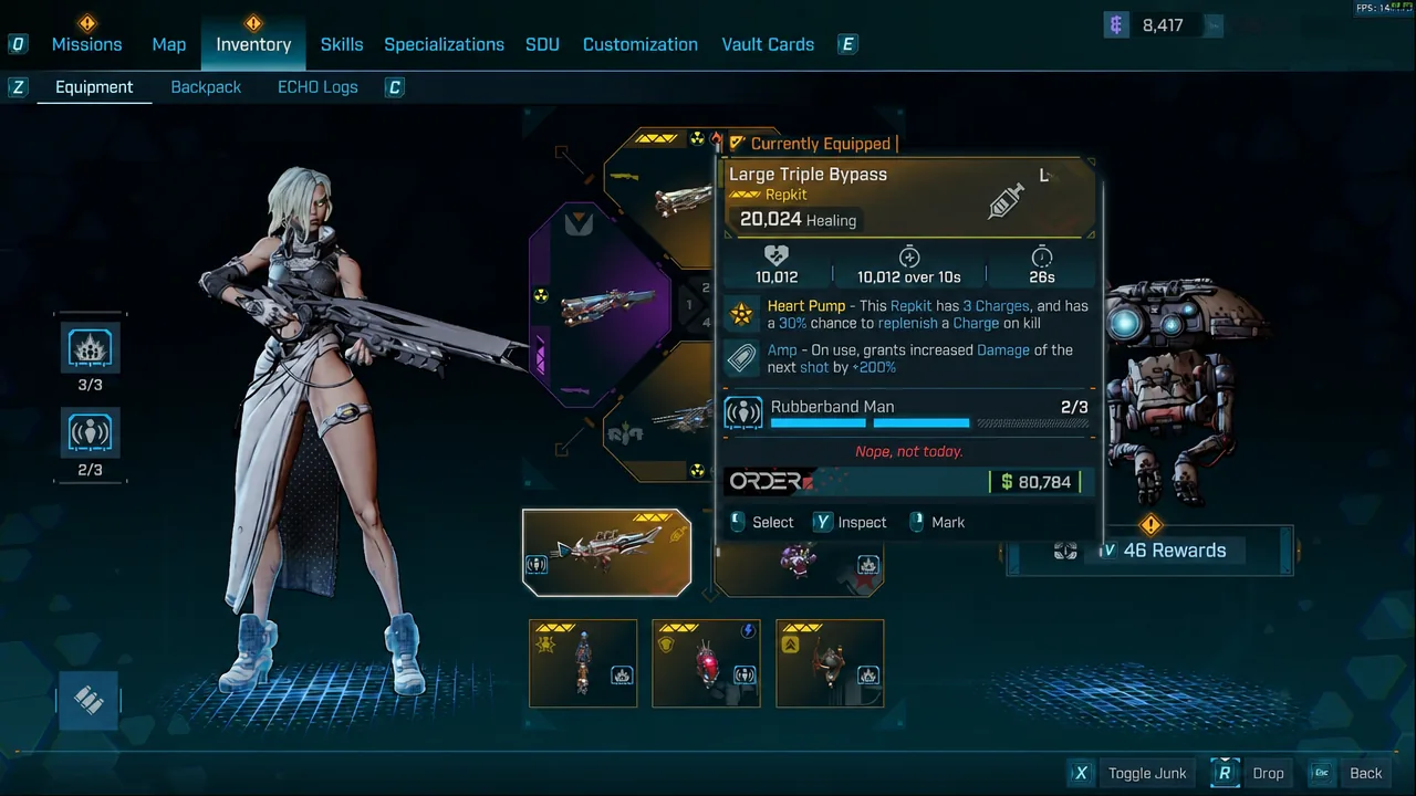 Equipment screen showing the Large Triple Bypass repkit and its healing stats