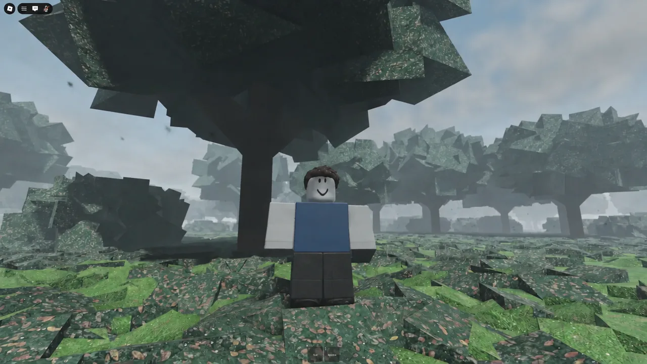 Player avatar in grey robes and a straw hat standing in a broken forest clearing in Bug Fixes