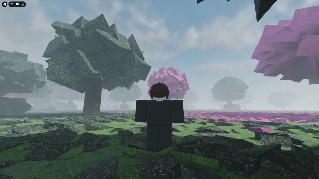 Third-person view of a katana player in misty forest with the hotbar visible at the bottom of the screen
