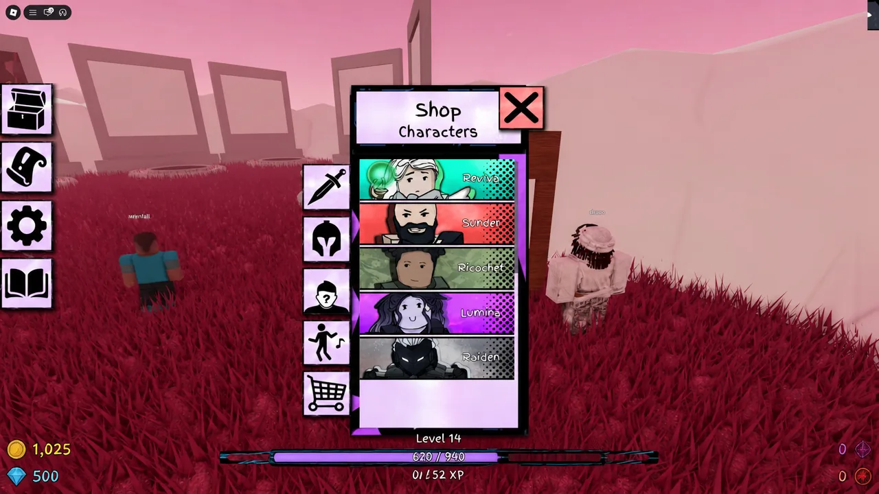 Shop Characters menu in Soulrift with the shopping-cart button selected and buyable characters listed