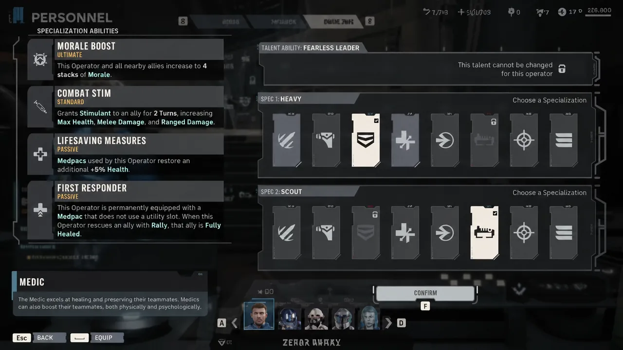 Specialization Abilities screen with Heavy and Scout cards highlighted before confirming