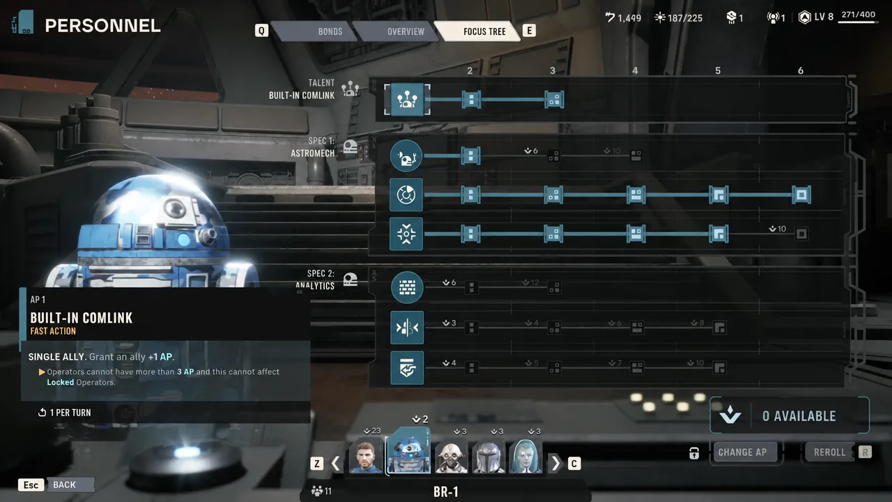 Focus Tree showing the Built-in Comlink talent highlighted with its 1 AP effect