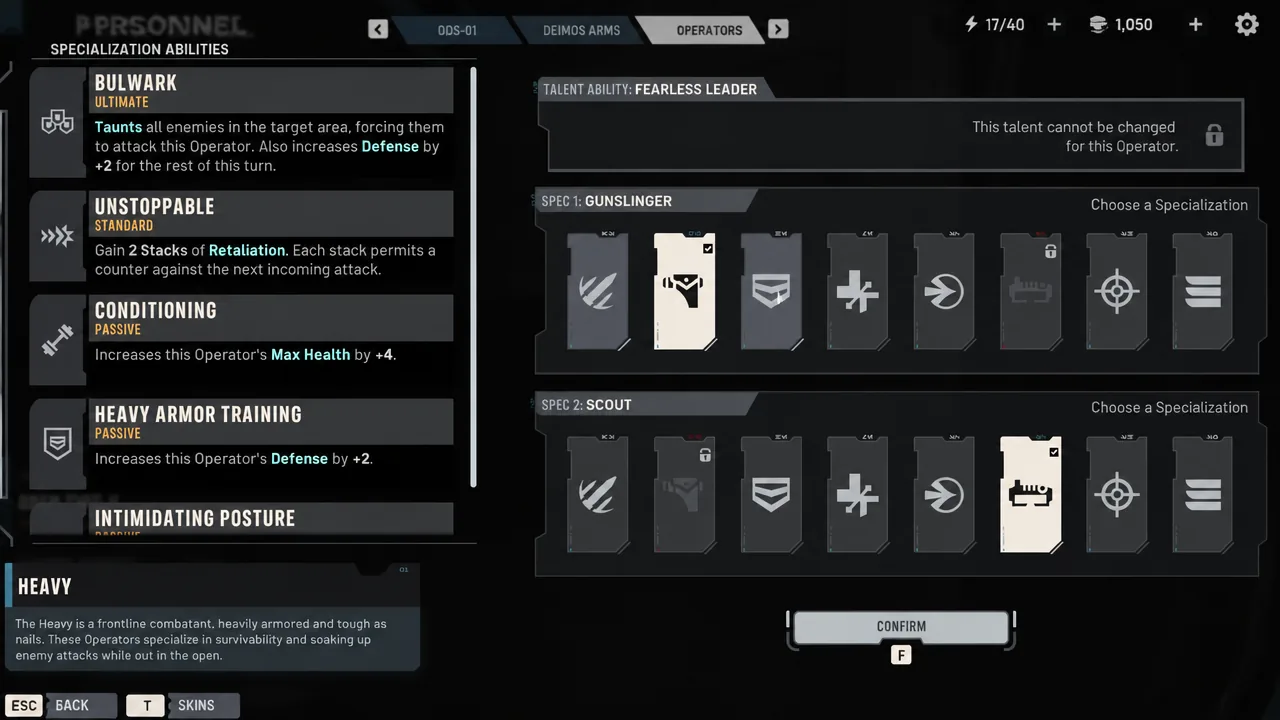 Specialization Abilities screen with Gunslinger and Scout cards highlighted for the Heavy operator