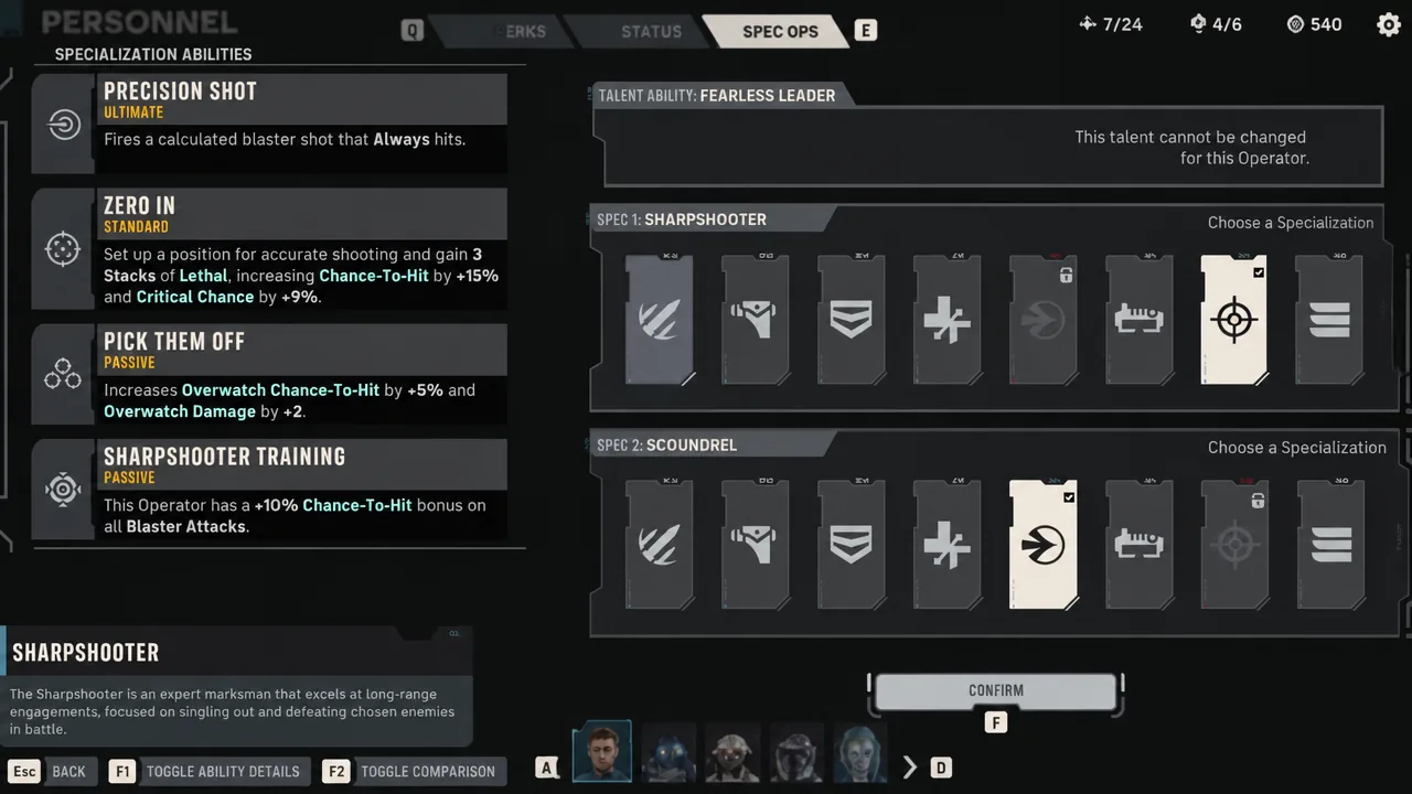 Spec Ops screen with Sharpshooter and Scoundrel cards selected and Confirm ready