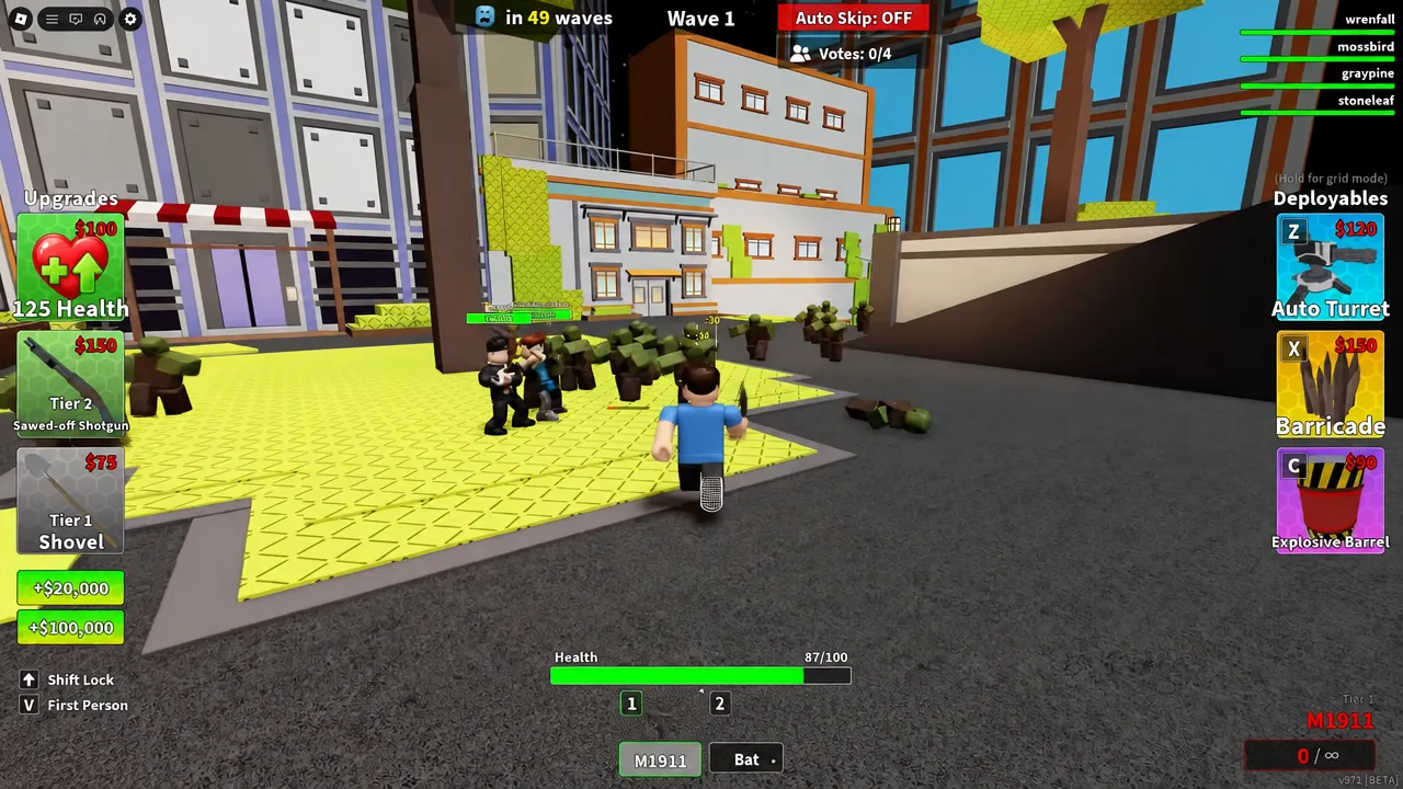 Wave 1 gameplay with the M1911 equipped and the Upgrade and Deployables panels visible