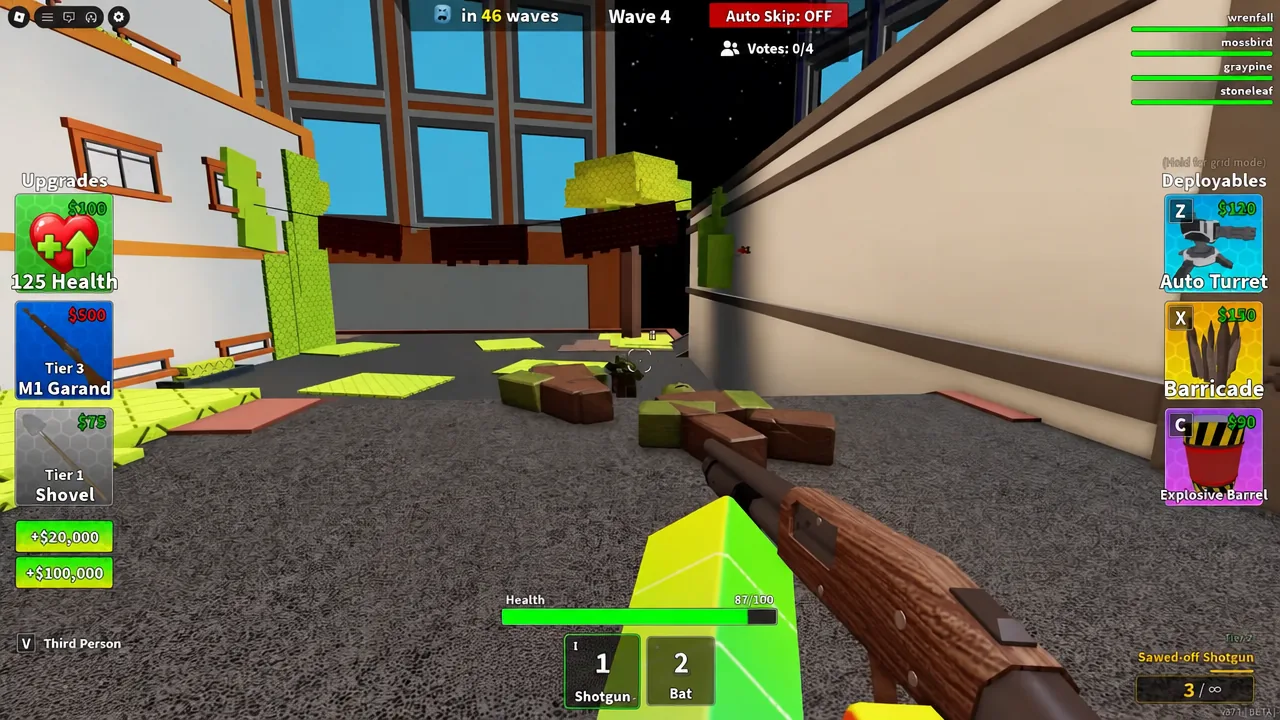 Player holding a shotgun during Wave 4 with the Upgrades and Deployables buttons on screen