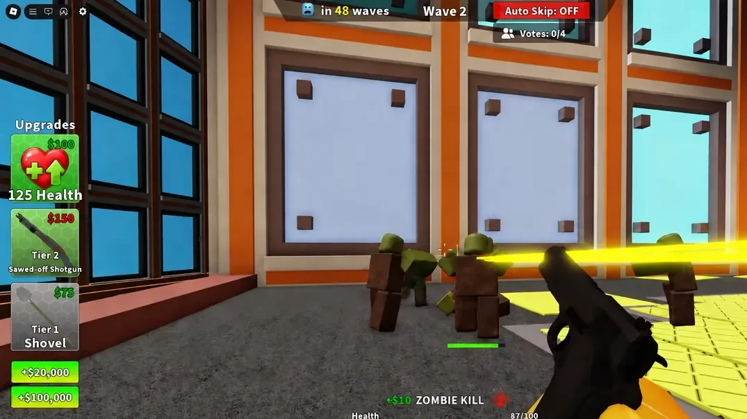 Upgrades menu open showing the Tier 2 Sawed-off Shotgun option