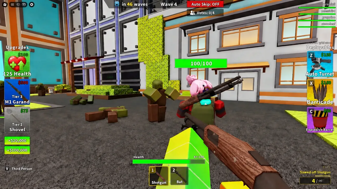 Wave 4 combat with the Sawed-off Shotgun aimed at an enemy and Auto Skip set to OFF
