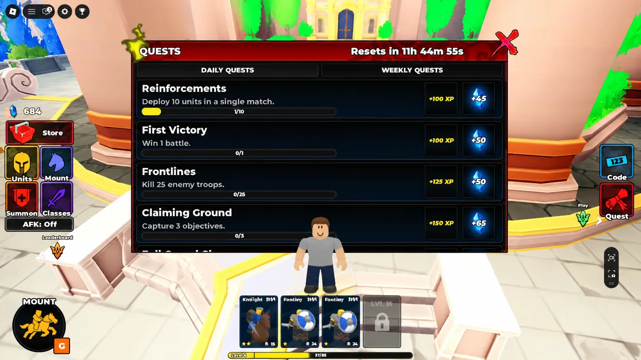 Quest menu listing daily and weekly objectives with XP and Gem rewards