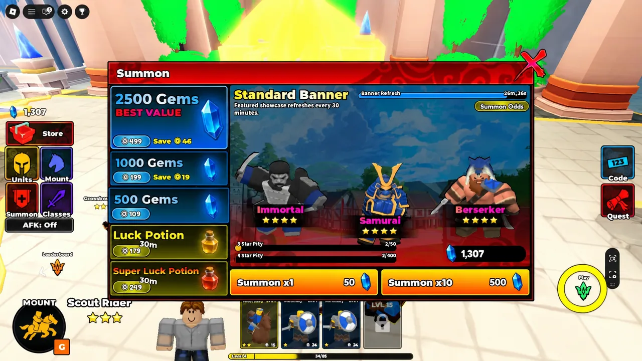 The Summon screen with the Standard Banner selected and Summon x1 and x10 buttons