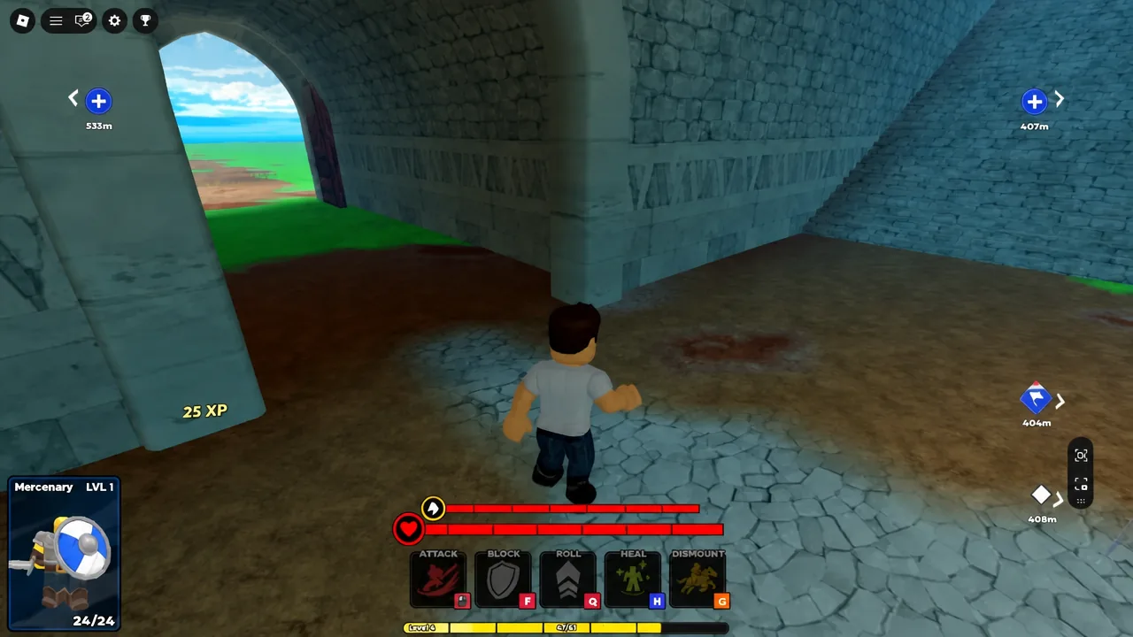 A Mercenary at level 1 runs through a castle corridor with combat controls on screen