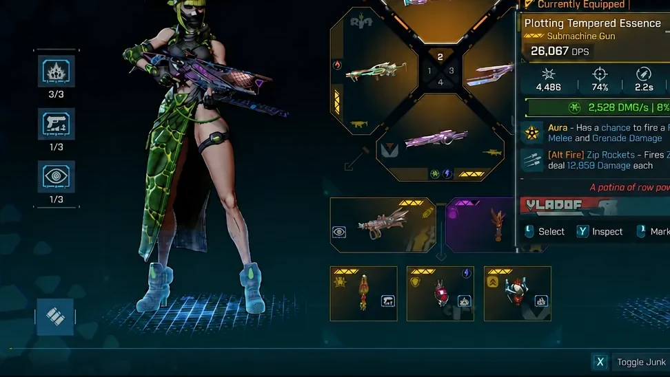 Inventory screen with the Plotting Tempered Essence SMG selected and its stat panel open