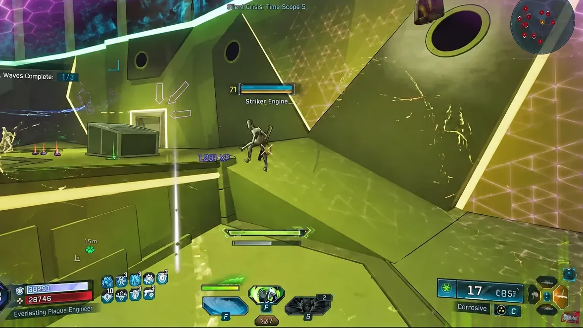 Loveless fighting a Striker Engine inside Silent Crisis: Time Scope 5, with waypoint arrows pointing at a lit doorway
