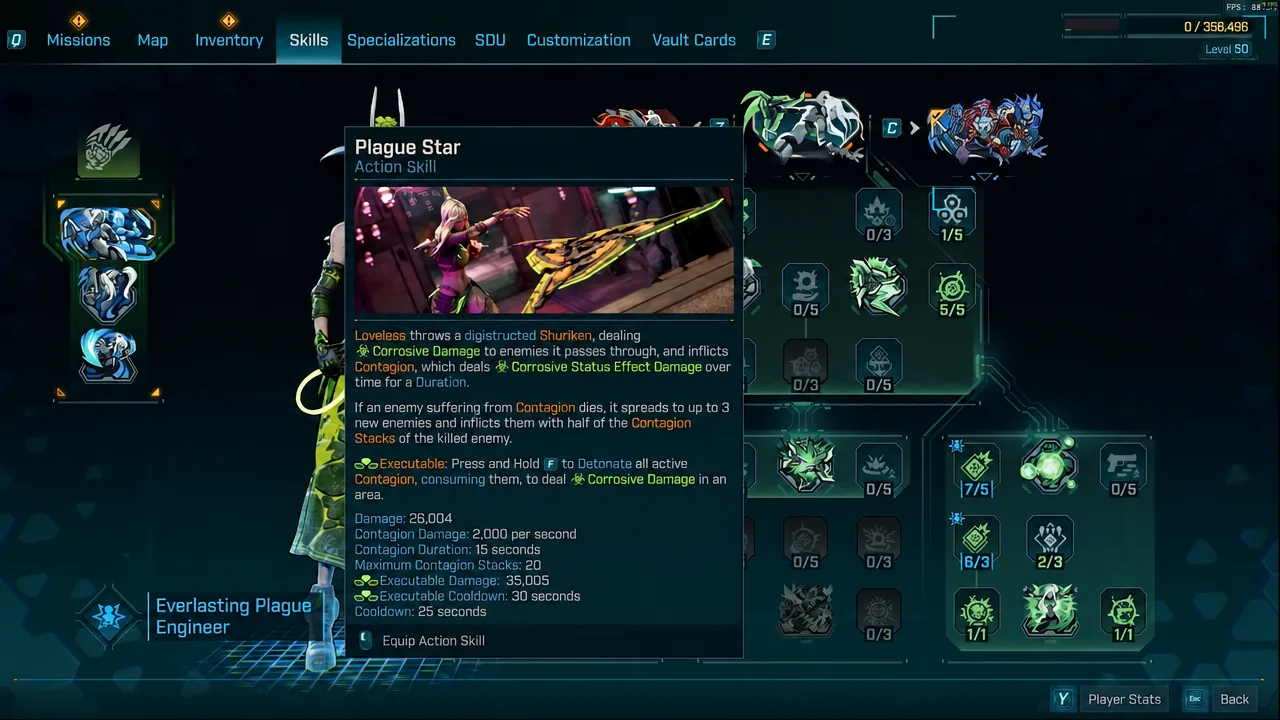 Loveless skill menu with the Plague Star Action Skill selected and its tooltip open