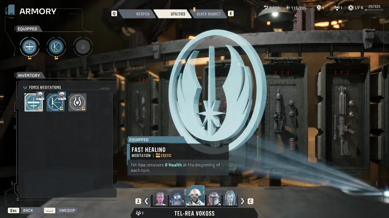 Armory Utilities tab with Fast Healing meditation equipped and its healing effect shown