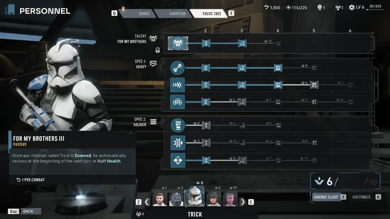 Focus Tree showing For My Brothers III selected on Trick with its passive details