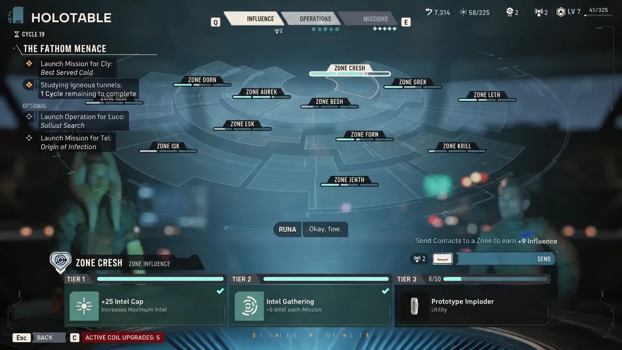 Holotable Influence screen with a zone selected showing its influence tiers