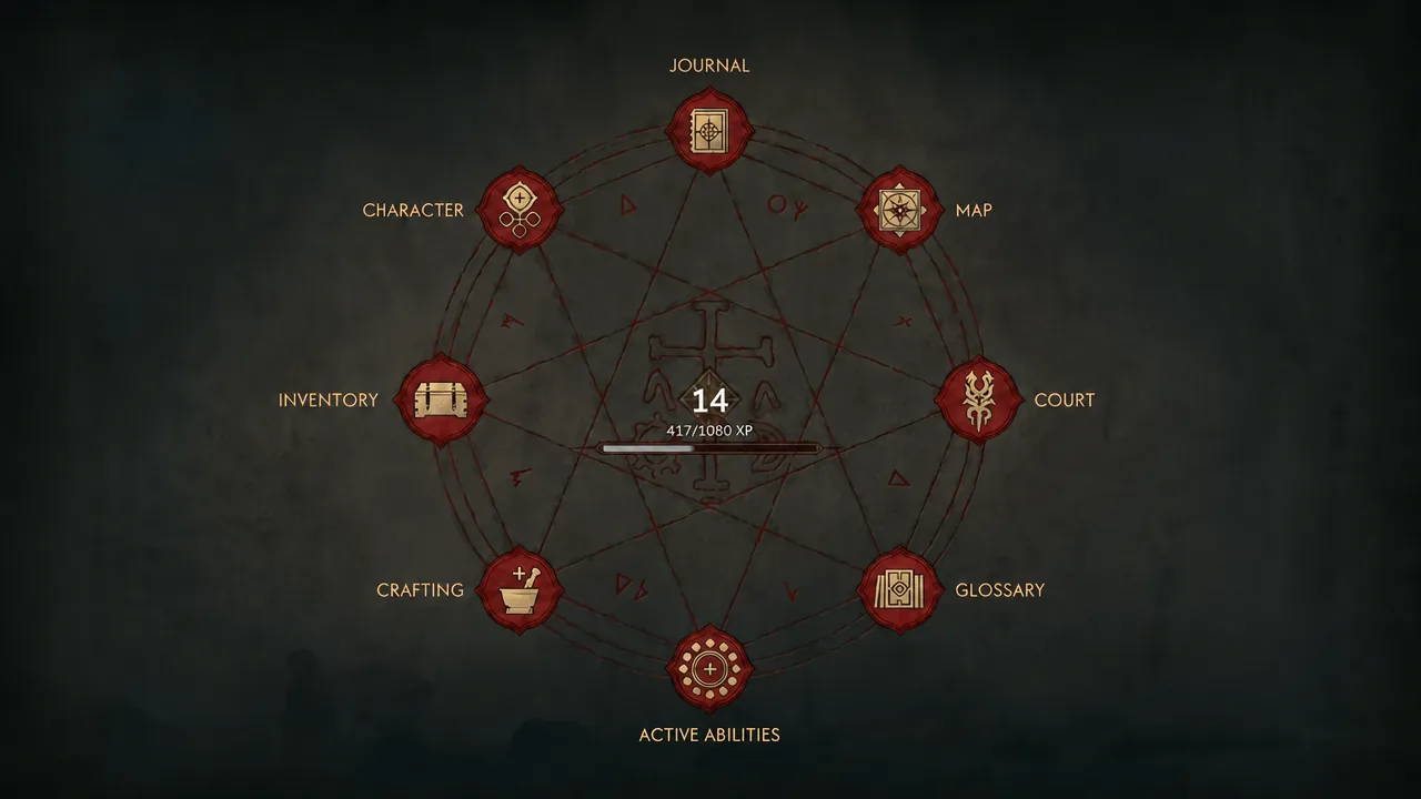 The radial menu open in-game with the Journal option highlighted at the top of the wheel