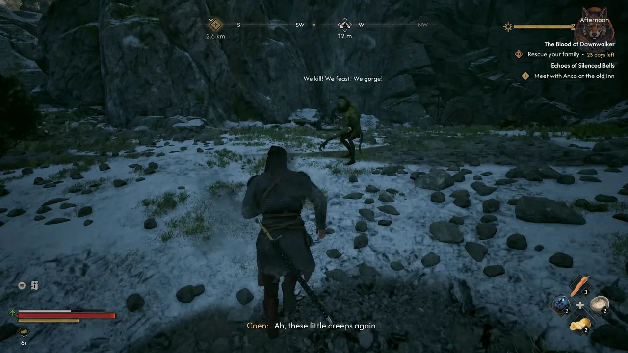 Coen closing in on a small green enemy in a snowy clearing outside the Kobold's Nest
