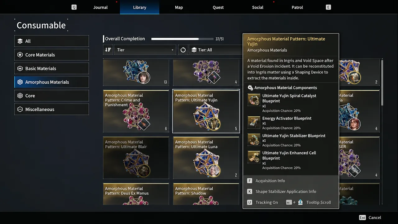 Library screen showing Amorphous Materials and the Ultimate Yujin pattern drop list