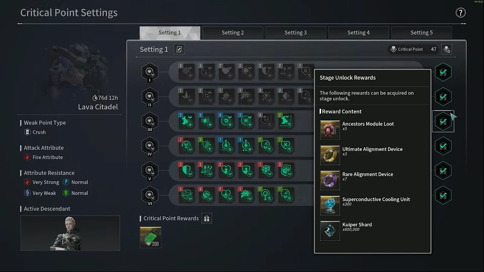 Critical Point Settings screen showing the Stage Unlock Rewards popup for Setting 1