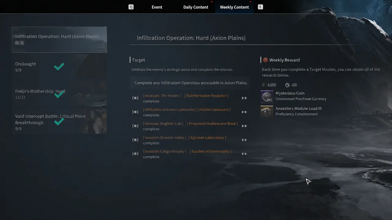 Weekly Content list in The First Descendant with Infiltration Operation: Hard selected in Axion Plains