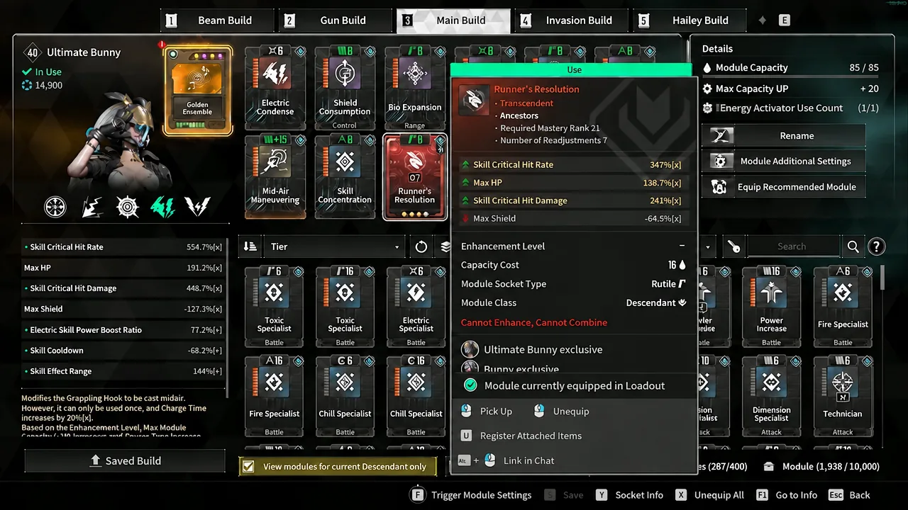 Module loadout screen with Runner's Resolution selected and its use menu open