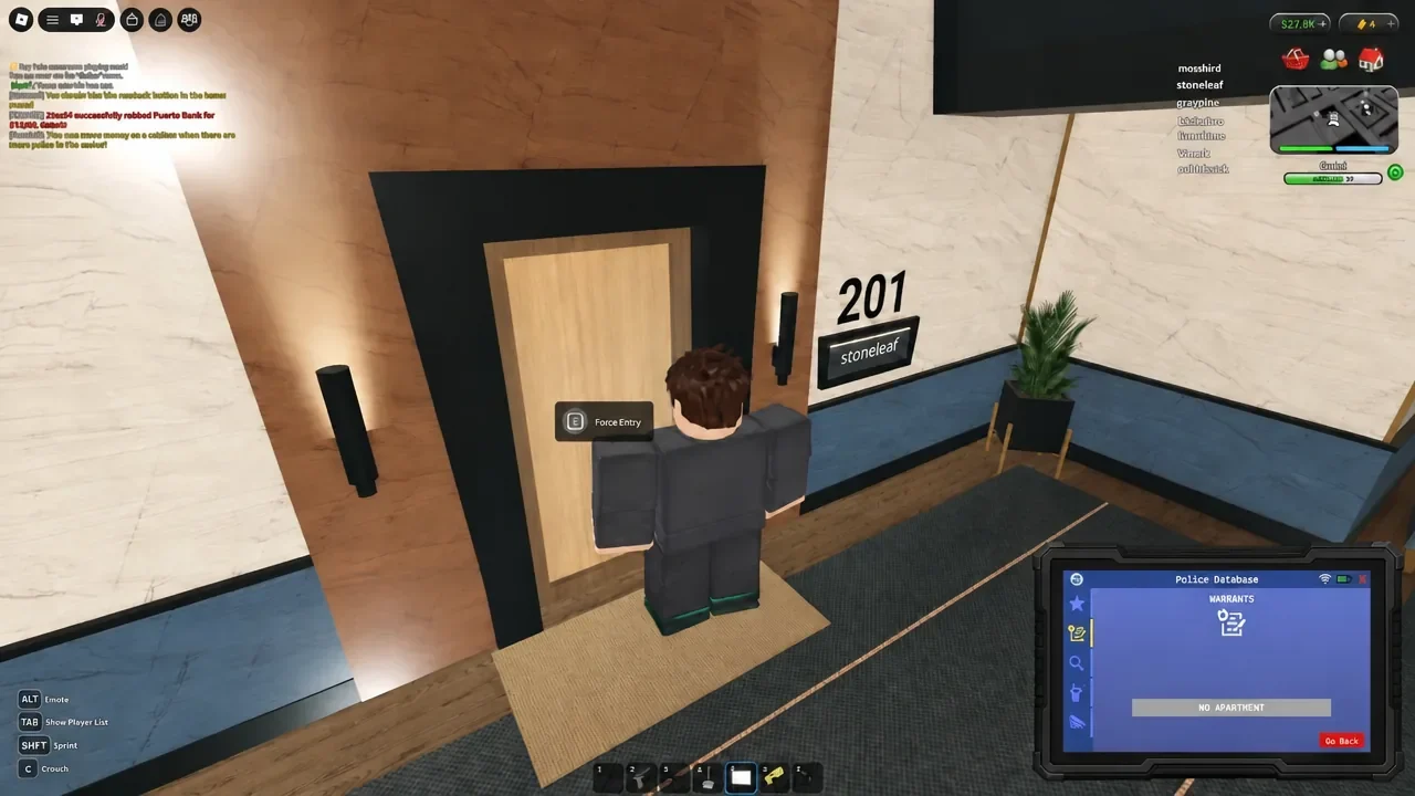 Police Database Warrants tab open with a Force Entry prompt on room 201's door