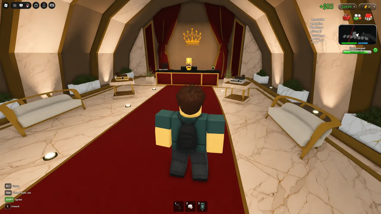 Player character walking toward the reception desk in an apartment lobby