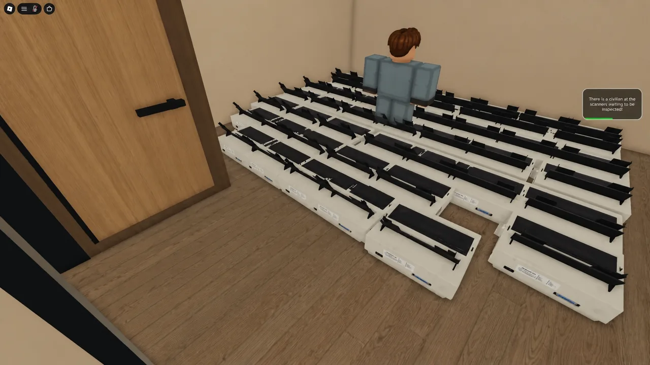 Character among rows of equipment with a notification about a civilian at the weapons store