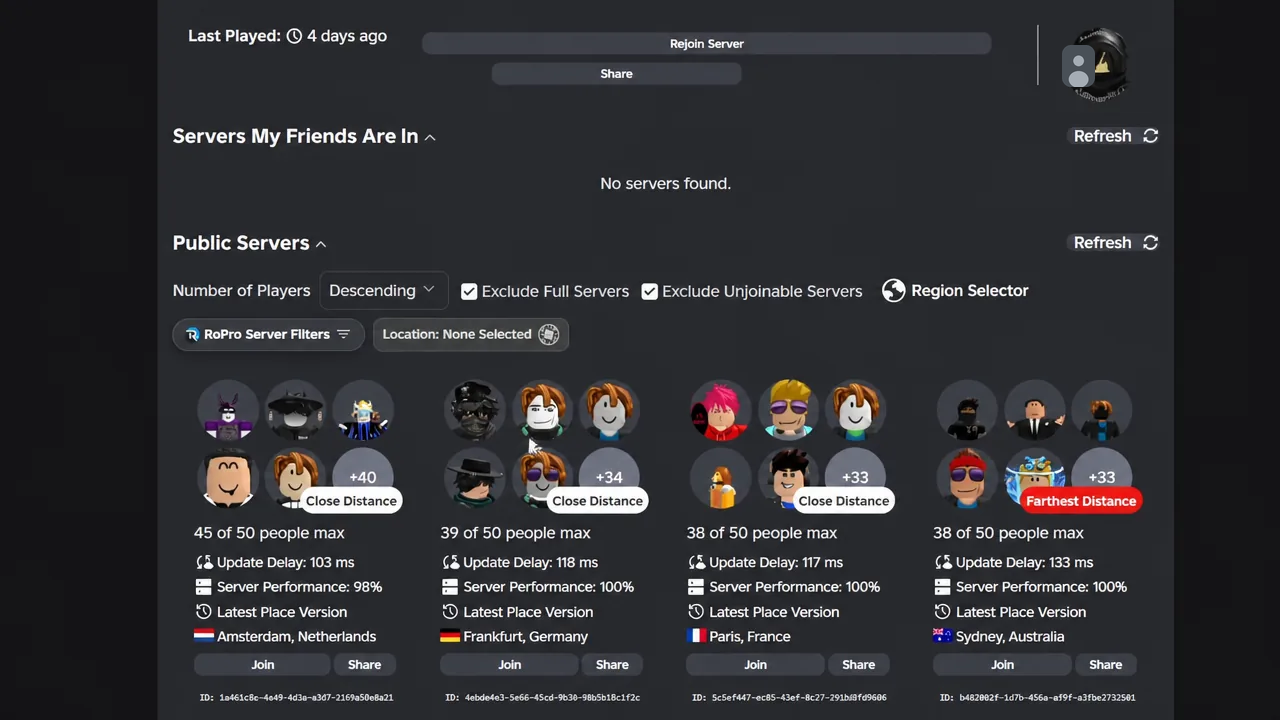 Public Servers screen with the Number of Players filter set to Descending