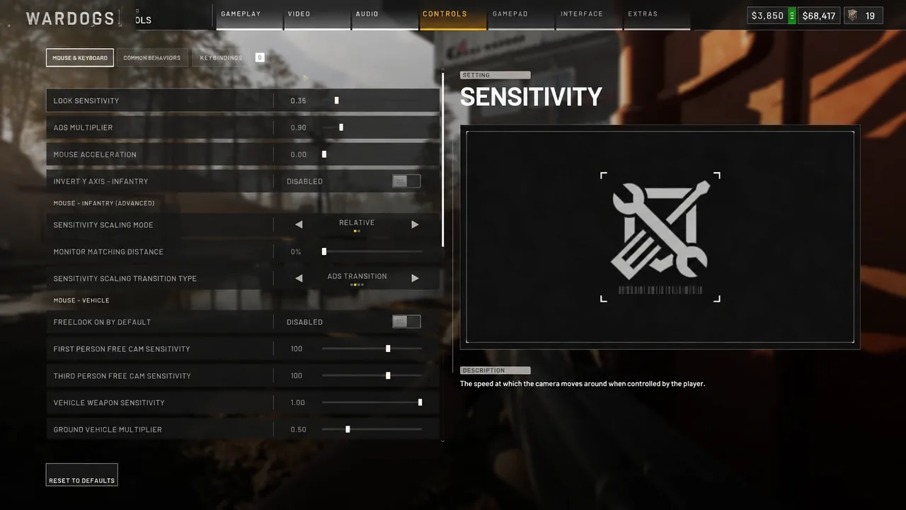 Controls tab in Wardogs with the look sensitivity value being adjusted