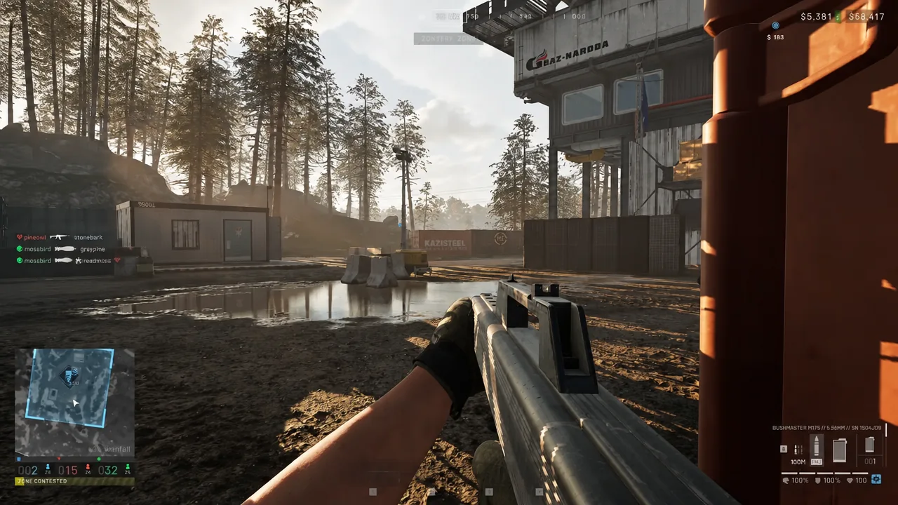 Player aiming a rifle across an industrial outpost surrounded by forest in Wardogs