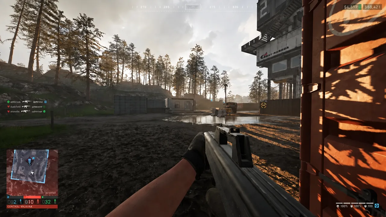 Rifle aimed toward a distant marked objective during a Wardogs firefight