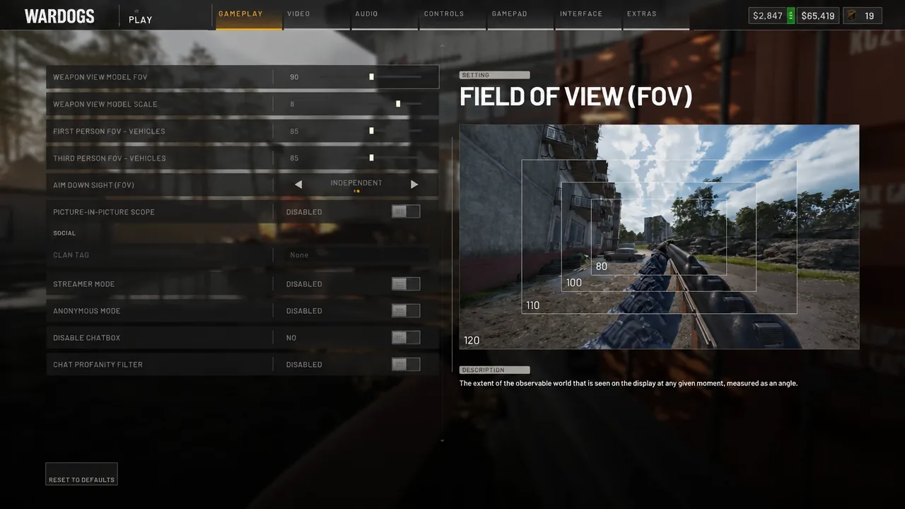 Wardogs gameplay settings tab with the Field of View slider set to 90