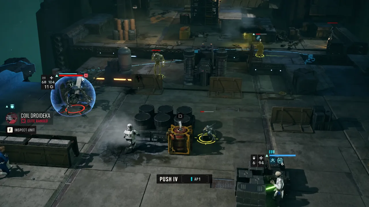 Tactical battle screen with the PUSH IV ability selected at a cost of 1 AP