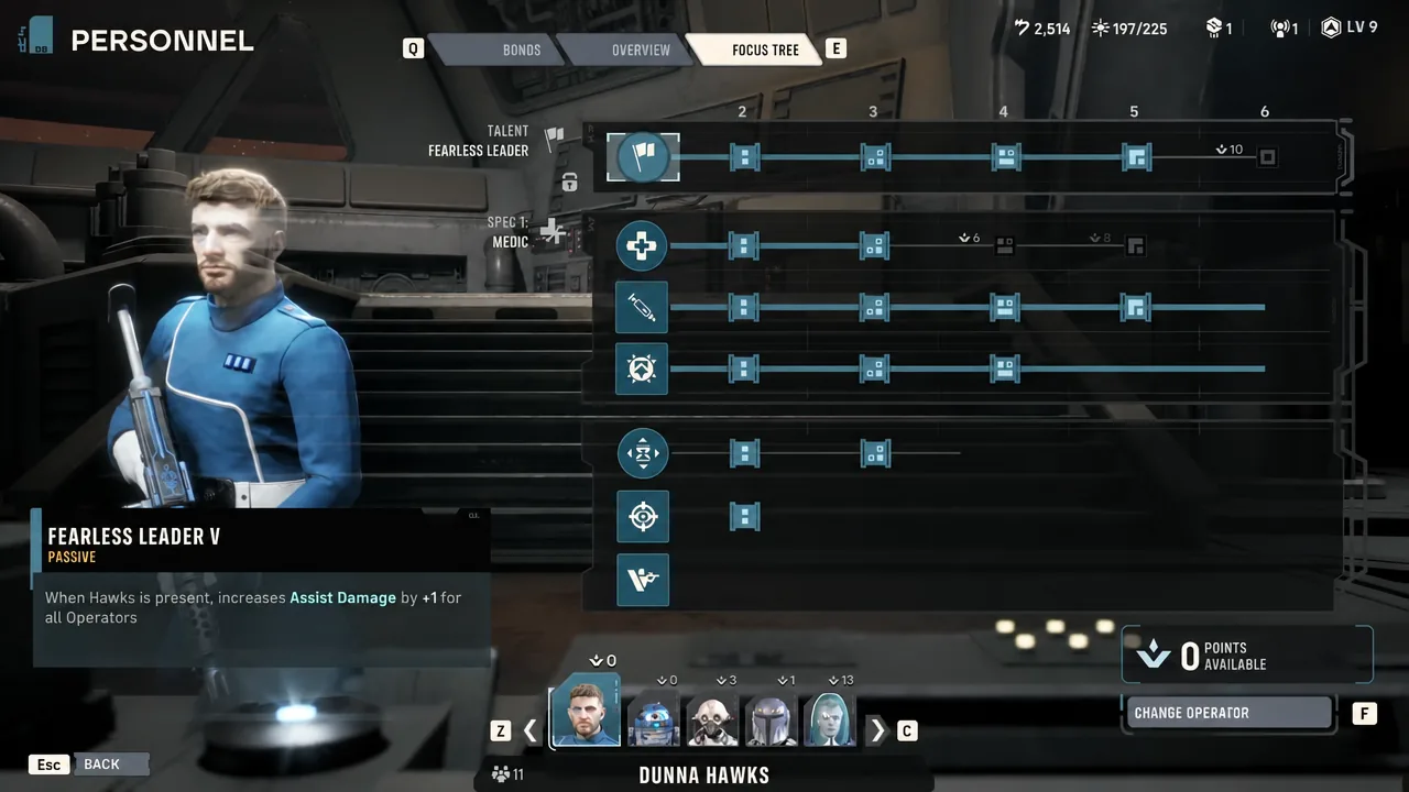 Focus Tree tab on the Personnel screen with the Fearless Leader V passive tooltip open