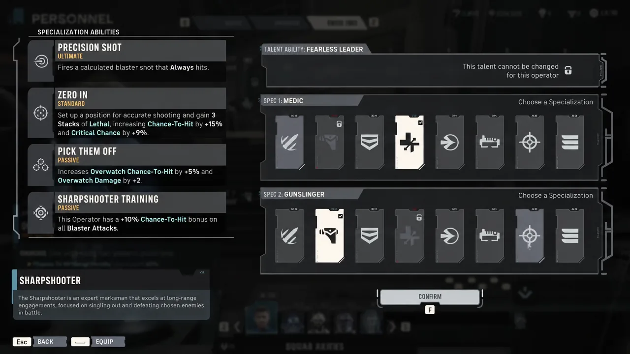Personnel screen showing Medic and Gunslinger specialization cards selected before confirming