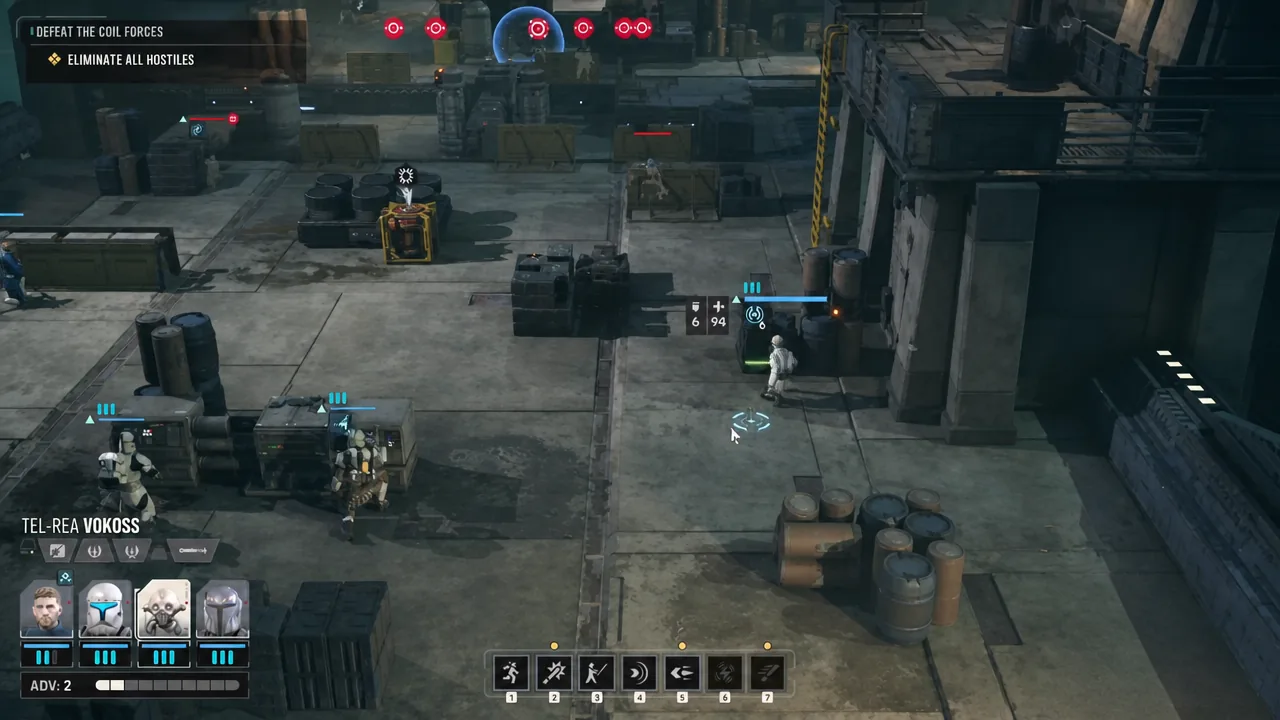 Mission objective reading Defeat the Coil Forces with Eliminate All Hostiles highlighted during a firefight