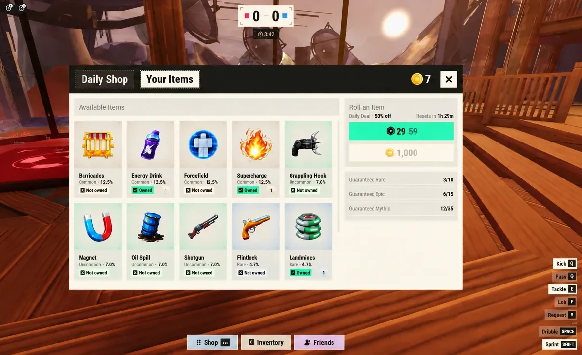 Browsing the Illegal Soccer item list inside the Your Items tab of the shop