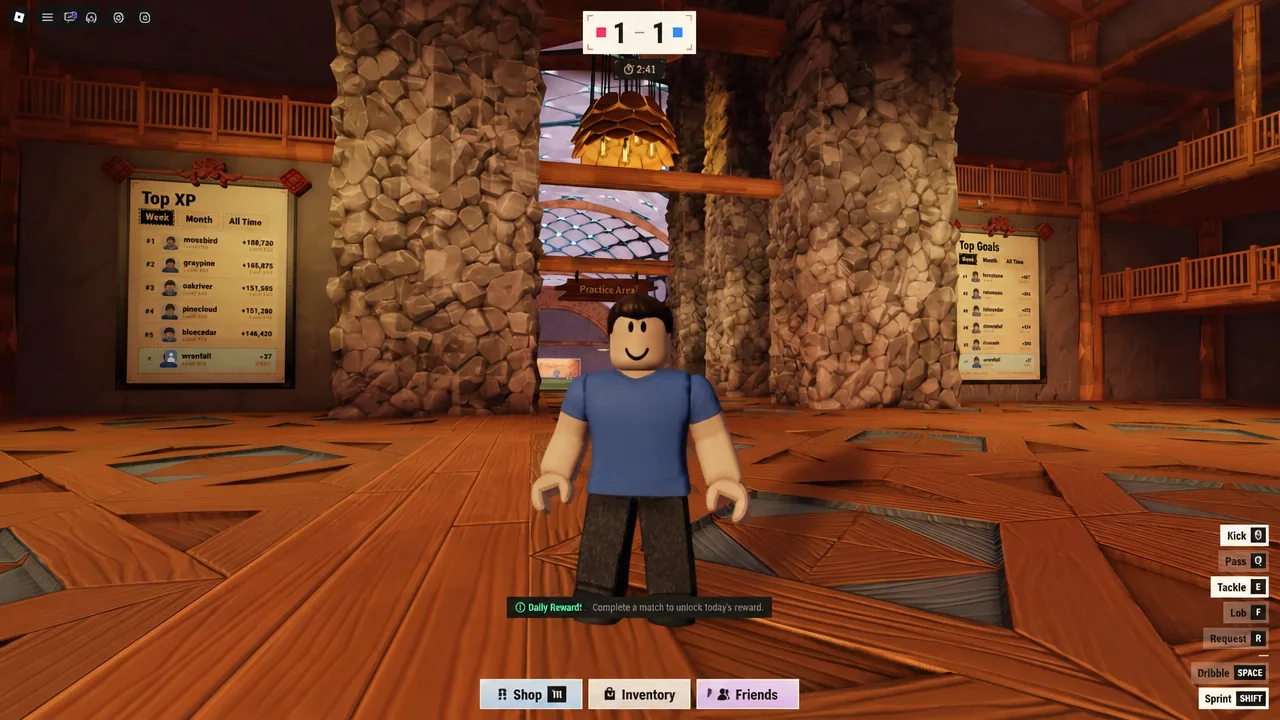Illegal Soccer lobby with the daily reward prompt and the Shop, Inventory, and Friends buttons