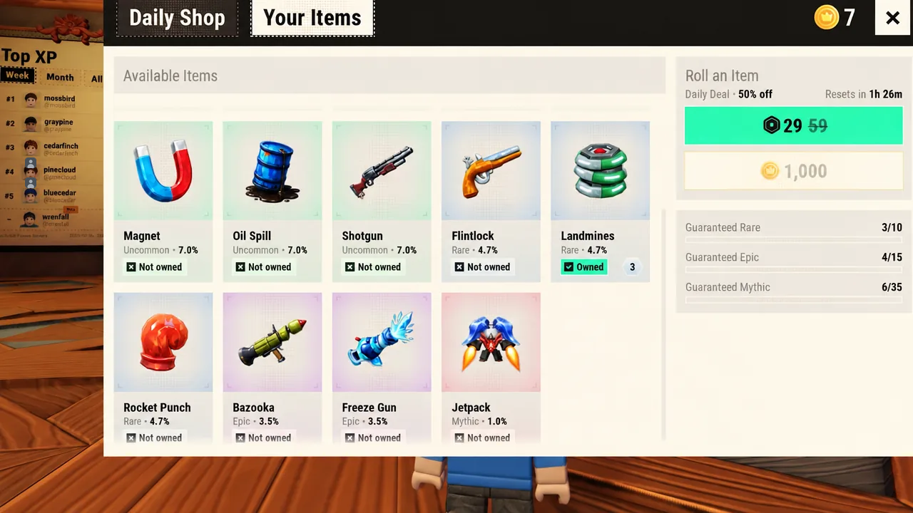 Illegal Soccer shop with the Your Items tab open, showing item rarities and roll odds