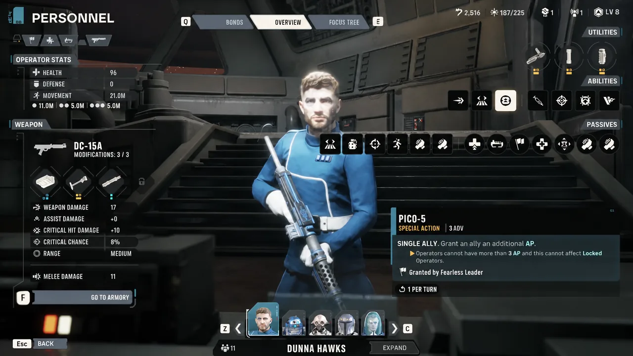 Personnel Overview screen with the PICO-5 ability selected and its details shown